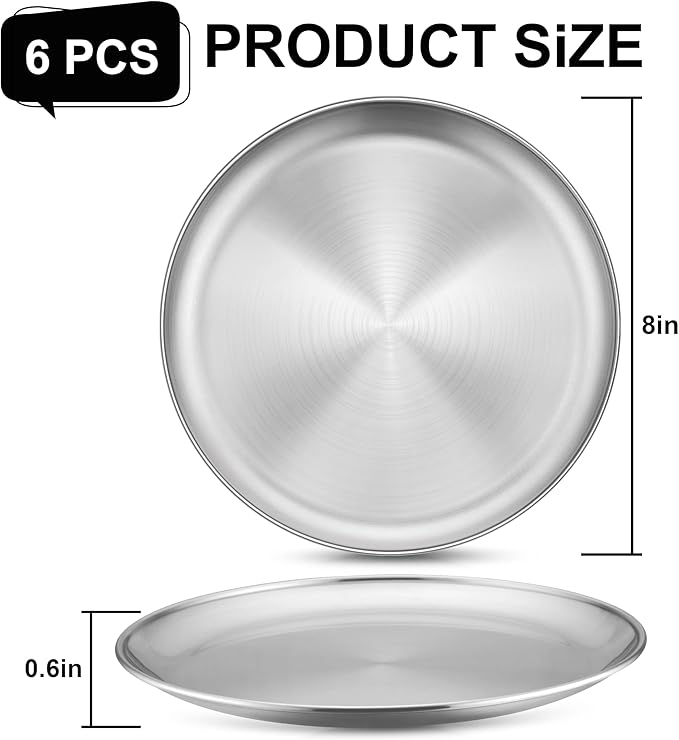 Homikit 6 Pack Stainless Steel Plates, 8 Inch Metal Kids Toddler Dinner Plate Set Non Toxic, 304 Round Camping Plates for Serving Dishes Dessert Salad, Unbreakable & Reusable, Dishwasher Safe