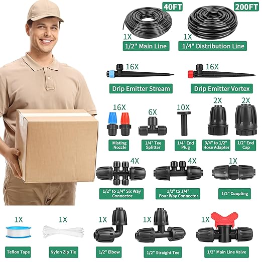 240FT Drip Irrigation System for Garden 2025 New Drip Irrigation Parts Automatic Garden Watering System with 1/2 1/4 Irrigation Tubing, Quick-Connect 1/4 inch Fittings,3 Types of Drip Emitters