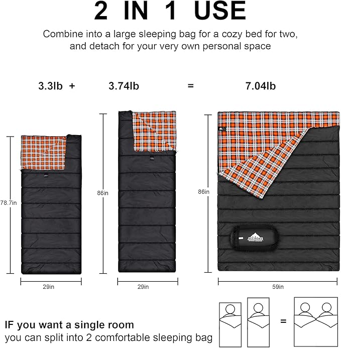 AGEMORE Cotton Flannel Double Sleeping Bag for Camping, Backpacking Or Hiking. Queen Size 2 Person Waterproof Sleeping Bag for Adults Or Teens. Lightweight with Compression Sack