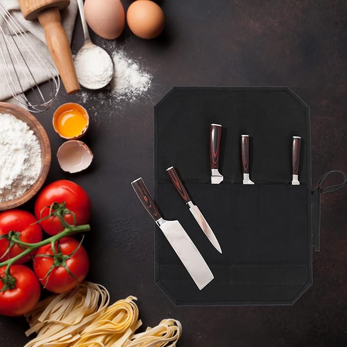 Kaaltisy Chef Knife Roll Bag, Knife Bag with 5 Slots, Specialized Cut-Resistant Fabric Lining, Heavy Duty 16oz Waxed Canvas Knife Roll Case | Black | 21" L x 15.5" W