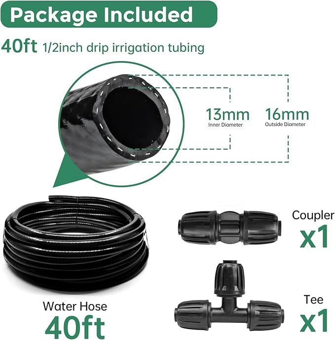 40 FT 1/2 inch Drip Irrigation Tubing Main Line Hose Tube for Garden Irrigation System