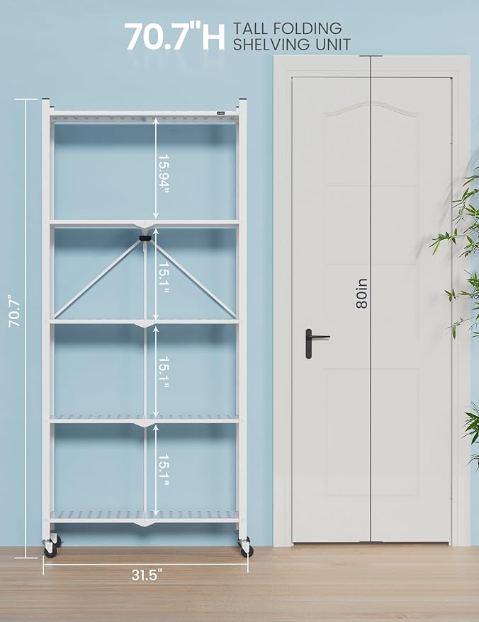 ALANNG 70.7" H Metal Storage Shelves, 5 Tier Folding Shelf on Wheels, Heavy Duty, No Assembly, Rolling, Collapsible Rack Unit for Kitchen, Basement, Pantry (White,3 Pack)