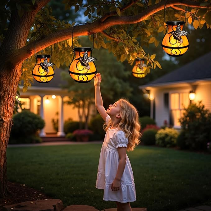 X-PREK 2 Pack Solar Lanterns Outdoor Waterproof Hummingbird Hanging Solar Lantern Flickering Flame Lights Solar Powered Lamps Garden Patio Porch Decoration