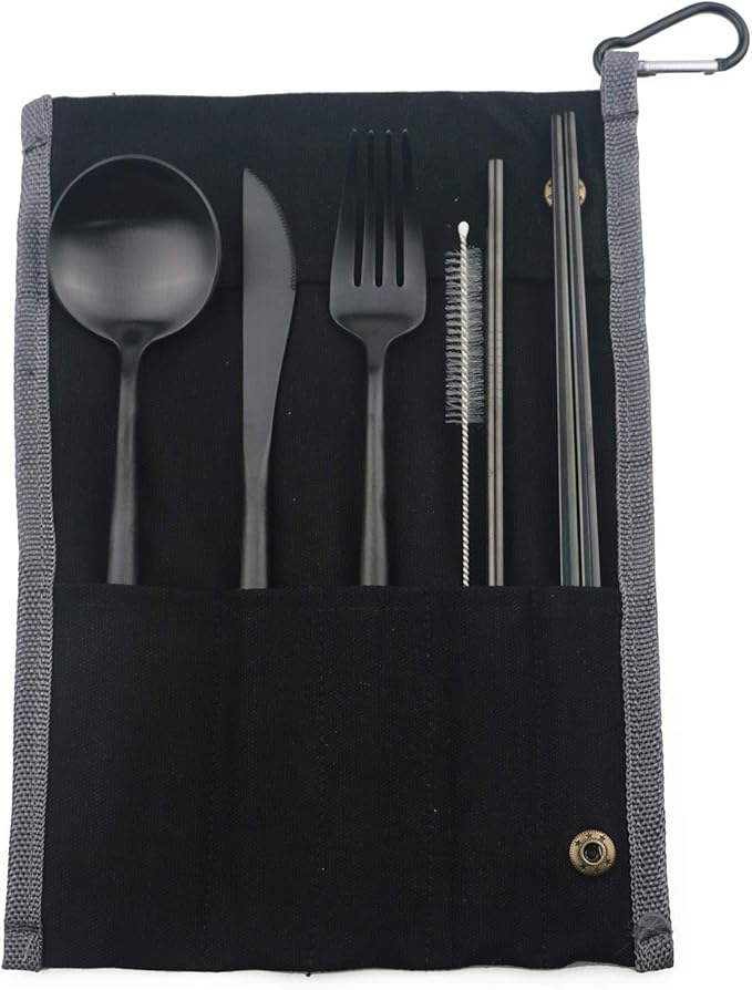 Portable 6 Pieces Flatware Set, 304 Stainless Steel Knife, Fork, Spoon, Chopsticks, Metal Straw, Cleaning Brush, Durable Travel Cutlery Set, Black Pouch Bag, Black
