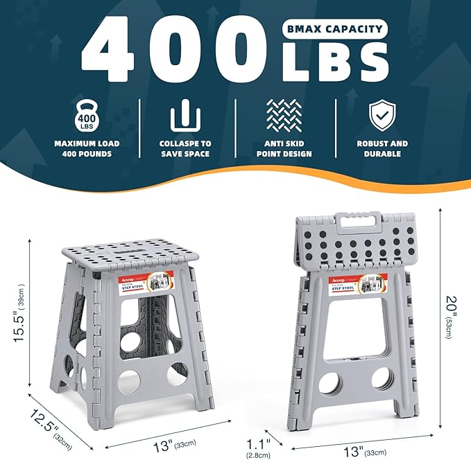 ACSTEP Folding Step Stool 16 Inch Heavy Duty Step Stool Foldable for Adults and Kids, Collapsible Stepping Stool with Handle, Non Slip Folding Stools for Kitchen Hold Up to 400lbs (Grey 1PC)