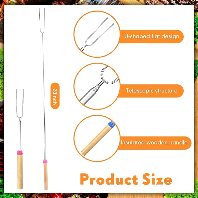 Minatee 100 Pcs 28 Inch Marshmallow Roasting Sticks Bulk, Smores Skewers for Fire Pit, Hot Dog Camping Skewers Accessories Campfire Marshmellow Extendable Forks BBQ Tools Smores Sticks