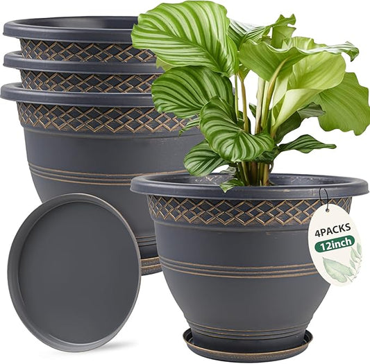 4 Pack 12 Inch Large Plant Pots, Plastic Flower Pot for Indoor & Outdoor with Drainage Holes & Saucer, Plaid Pattern Planters Garden Pots for Herbs