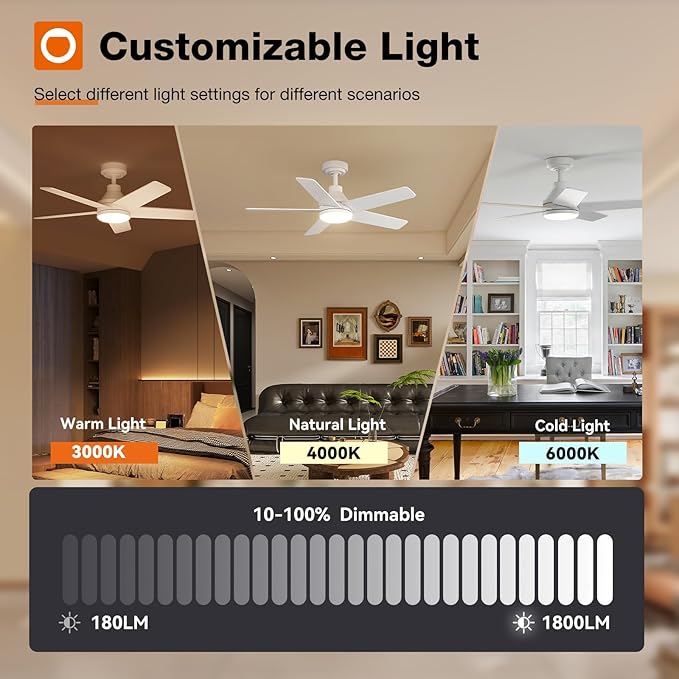 addlon Ceiling Fans with Lights, 42 inch White Ceiling fan with Light and Remote Control, Reversible, 3CCT, Dimmable, Noiseless, Small Ceiling Fan for Bedroom, Farmhouse, Indoor/Outdoor Use