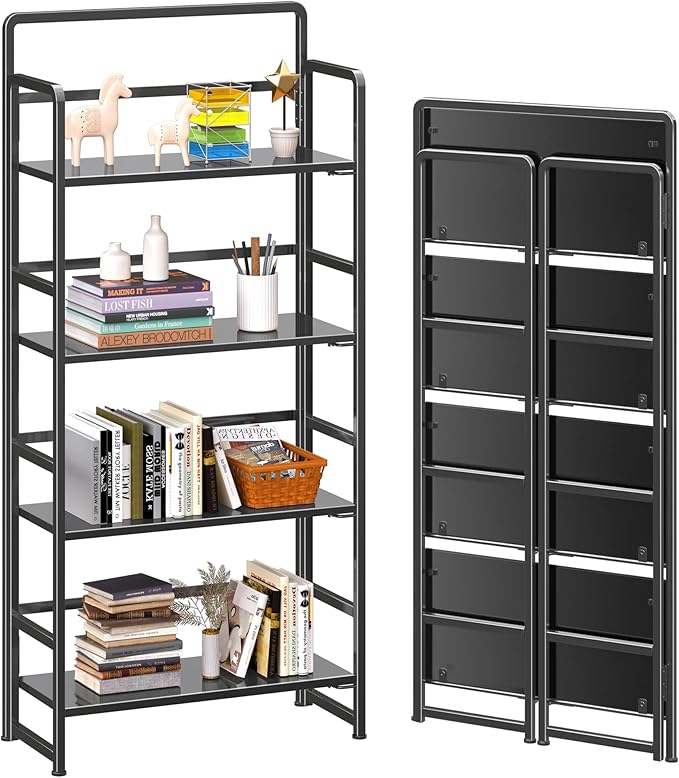 4NM No Assembly Folding Bookshelf, 4-Shelf 54" H Collapsible Foldable Bookcase Storage for Small Spaces, All Black
