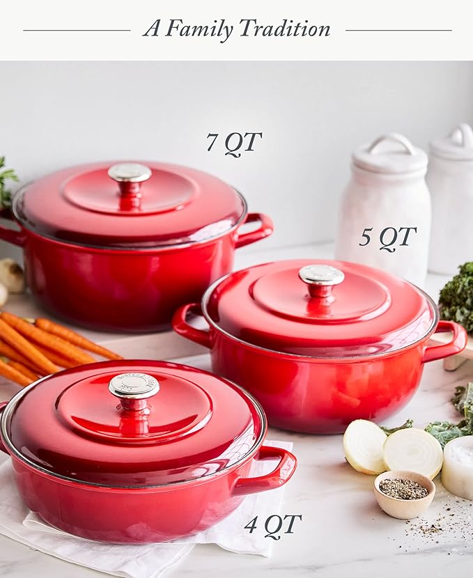 Merten & Storck 7QT Round Dutch Oven Casserole Pot with Lid, European Crafted Enameled Iron Stockpot, Induction & All Cooktops, Braising, Stews, Roasting, Slow Cooking, Sourdough, Foundry Red