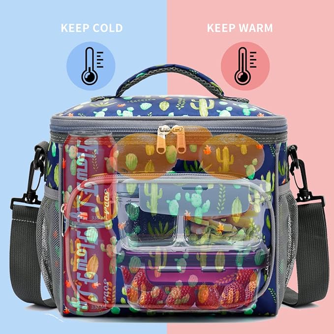 FlowFly Insulated Reusable Lunch Bag Adult Large Lunch Box for Women and Men with Adjustable Shoulder Strap,Front Zipper Pocket and Dual Large Mesh Side Pockets,Cactus