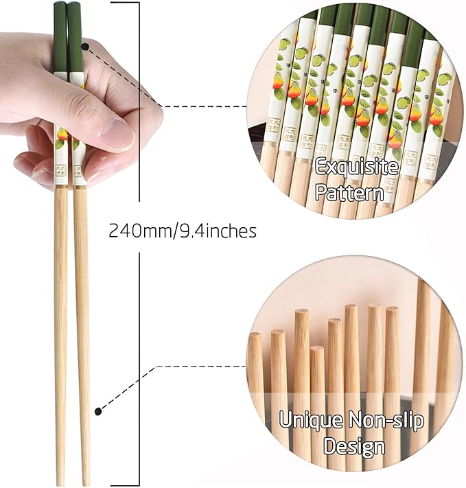 200 pairs Bamboo Chopsticks 9.4 Inches with Chinese & Japanese Styles Reusable Bulk, Dishwasher Safe-Persimmon