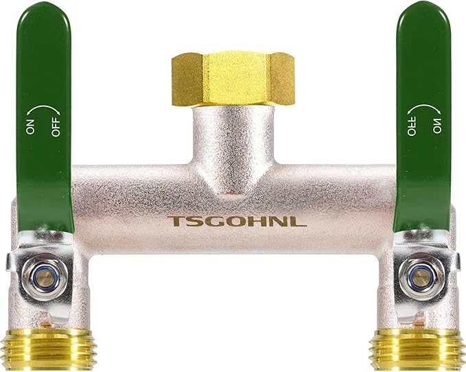 Garden Hose Splitter, 3/4” Rust and Freeze Resistant Outdoor Hose Manifold with 2 green Extra Long Handles Faucet Adapter-Heavy Duty Brass Nickel Plated 2-Way Valve