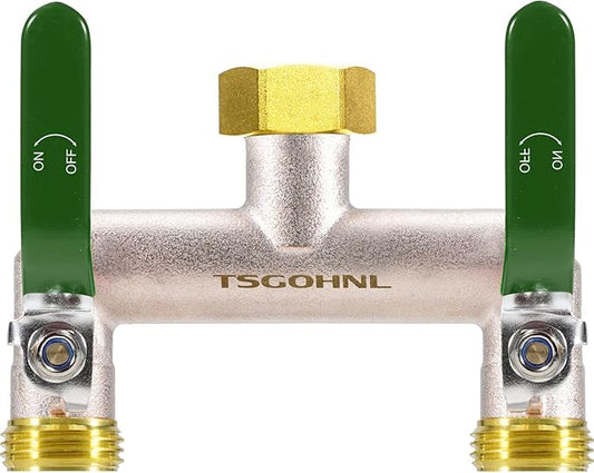 Garden Hose Splitter, 3/4” Rust and Freeze Resistant Outdoor Hose Manifold with 2 green Extra Long Handles Faucet Adapter-Heavy Duty Brass Nickel Plated 2-Way Valve