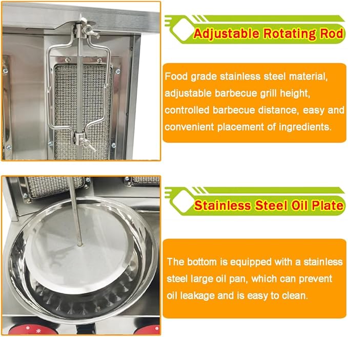 LP Gas Shawarma Grill Machine Vertical Broiler Rotating Doner Kebab Machine Countertop Rotisserie Gyro Grill Oven with 3 Burners for Home Kitchen Adjustable Tempereture