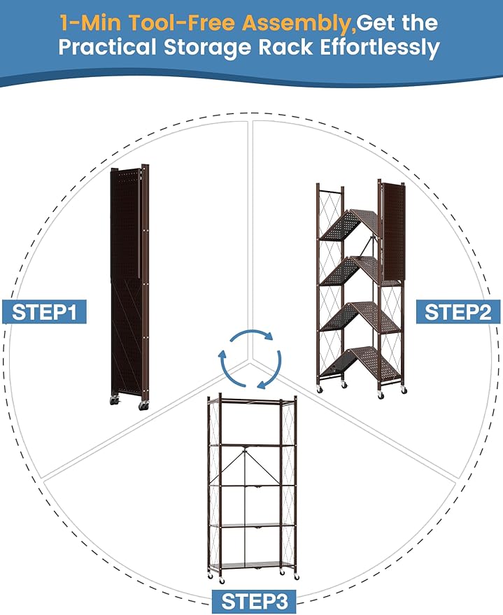 ALANNG 70.7" H Metal Storage Shelves, 5 Tier Folding Shelf on Wheels, Heavy Duty, No Assembly, Rolling, Collapsible Rack Unit for Kitchen, Basement, Pantry (Vintage Brown,2 Pack)