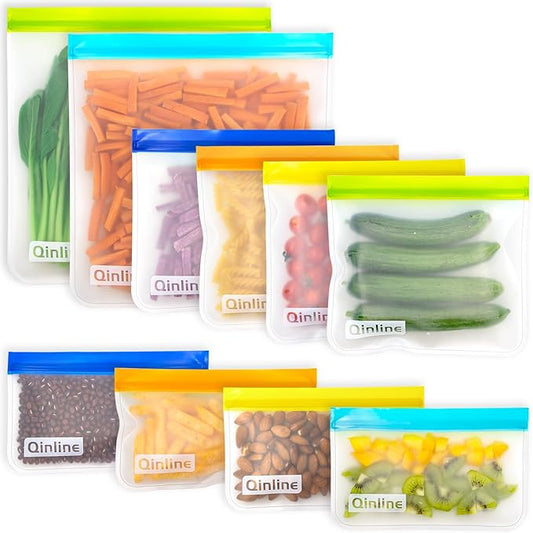 Reusable Food Storage Bags - 10 Pack Freezer Bags, Reusable Bags Silicone, Extra Thick Leakproof Reusable Lunch Bag for Salad Fruit Snack Travel - 2 Gallon 4 Sandwich 4 Snack Bags