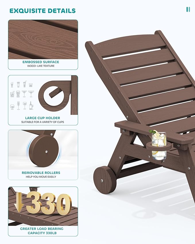 SERWALL Patio Chaise Lounge Chair Set of 2, 78'' Long 5-Positions Adjustable HDPE Outdoor Lounge Chair for Pool, Poly Lounge Chair with Rolling Wheels & Cup Holder for Poolside, Deck, Coffee Brown