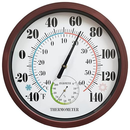 Indoor Outdoor Thermometer Large Numbers 12 Inch Wall Weather Thermometer Hanging Garden Decor Hygrometer No Battery Needed (Brown)