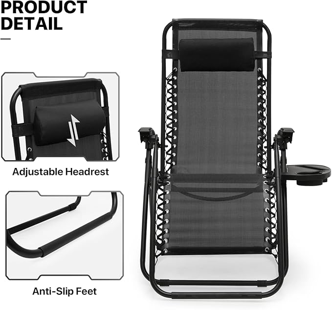 MoNiBloom Table and Patio Chairs Set of 3, Outdoor Adjustable Zero Gravity Folding Breathable Mesh Reclining Lounge Chairs with Pillow and Side Tray, 330lbs Capacity - Black