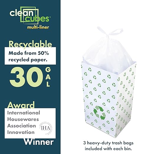 30 Gallon Multi-Liner Disposable Trash Cans (3-Pack) with Fitted Trash Bags - Reusable Garbage and Recycling Bins for Parties, Events, and More (Recycle - 17" Height x 14" Width x 30" Depth)