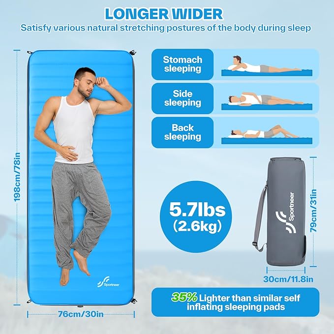 Sportneer Sleeping Pad for Camping: 4" Ultra-Thick Air & Foam Camping Mattress with 10 R Value, 4-Season Large Size 78" x 30" Self-Inflating Sleeping Pad for Camp/Travel/Car/Tent, Easy to Inflate