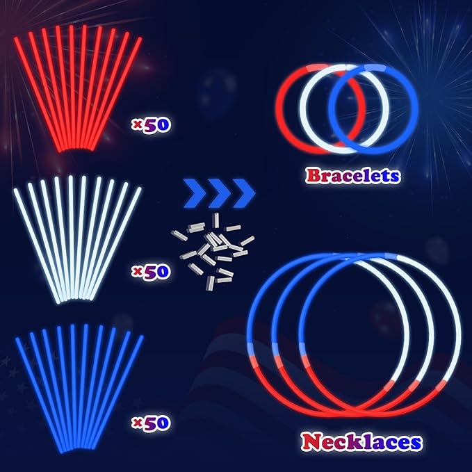 Red White Blue Glow Sticks Party Favors Supplies 150 PCS,Light Up Bracelets Necklaces Accessories Decorations for Kids,Fun USA Items for Fourth of July Patriotic Birthday Pool Games Activities