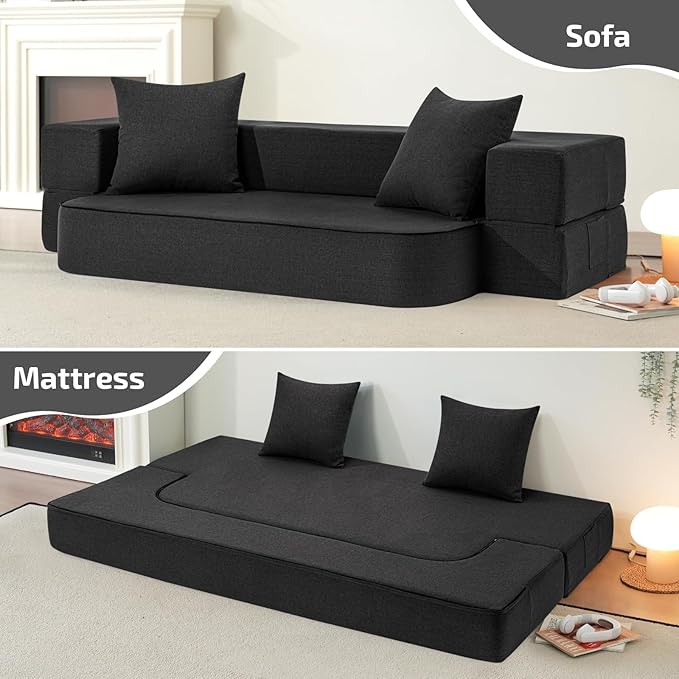 2-in-1 Folding Sofa Bed with Pillows - Folding Chair Floor Couch & Sleeping Mattress - Washable Cover & Memory Foam Sleeper Chair for Living Room/Guest Room/Apartment/Loft, Dark Gray, Twin