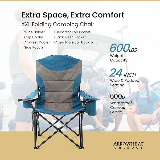 ARROWHEAD OUTDOOR XXL Folding Padded Camping Chair w/Cup & Wine Holder, Armrest Cooler, Support up to 600 lbs, Blue
