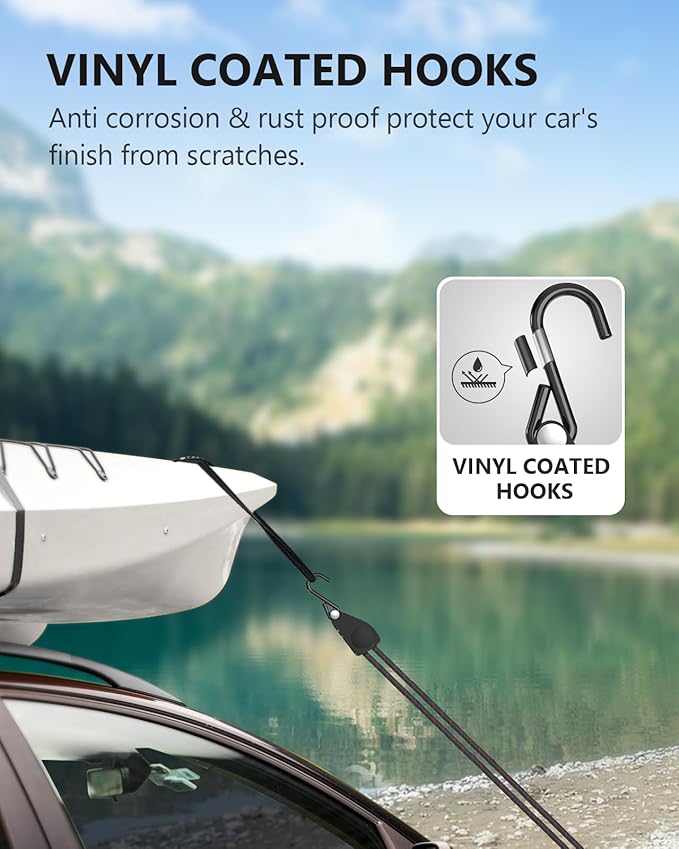 Kayak Straps Tie Downs 4 Pack, Roof Rack Straps Adjustable Ratchet Tie Down Straps with Lock S Hooks, 1/4 Inch 12 Feet Ratchet Straps Heavy Duty for Small Cargo, Kayak, Packing, Camping Gear