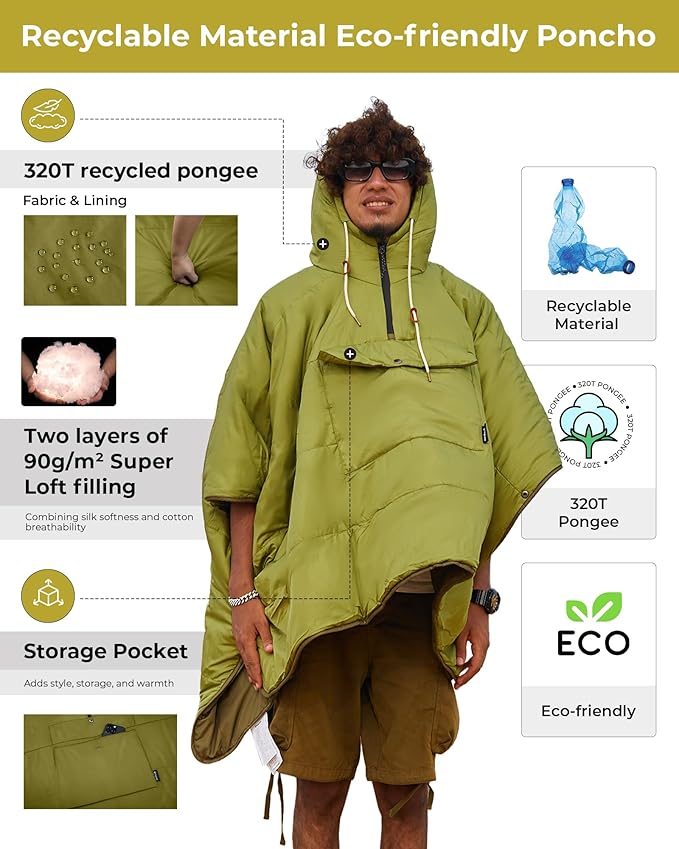 KingCamp Camping Wearable Hoodie Blanket Poncho Ultralight Sleeping Bag Adult, Outdoor Stadium Water-Repellent