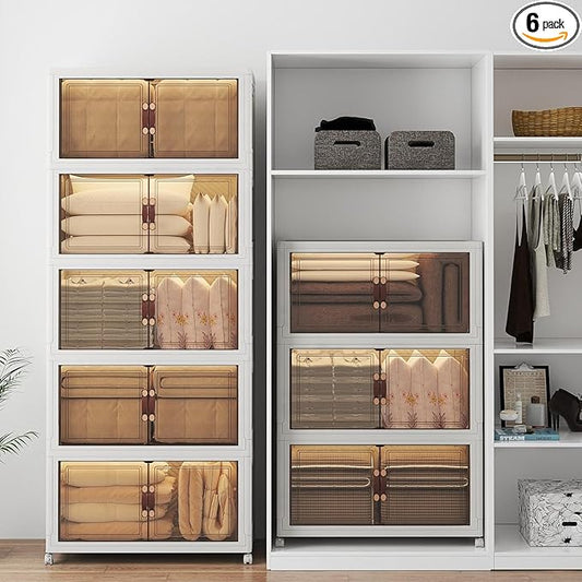 Extra Large Stackable Storage Bins with Lids & Wheels & Door, 1280QT-160QT/40GAL*8Pack Foldable Collapsible Closet Organizers, Plastic containers drawers for bedroom Dorm