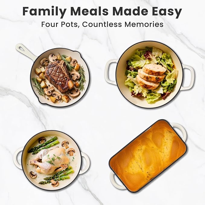 QuliMetal Enameled Cast Iron Cookware Set, 5-Piece – 2.3QT Dutch Oven, 4.7QT Braiser, 10" Skillet, 9x5" Oval Bread Pan & Rack – Versatile Oven-Safe Enamel Cast Iron Pots and Pans for Home Cooking