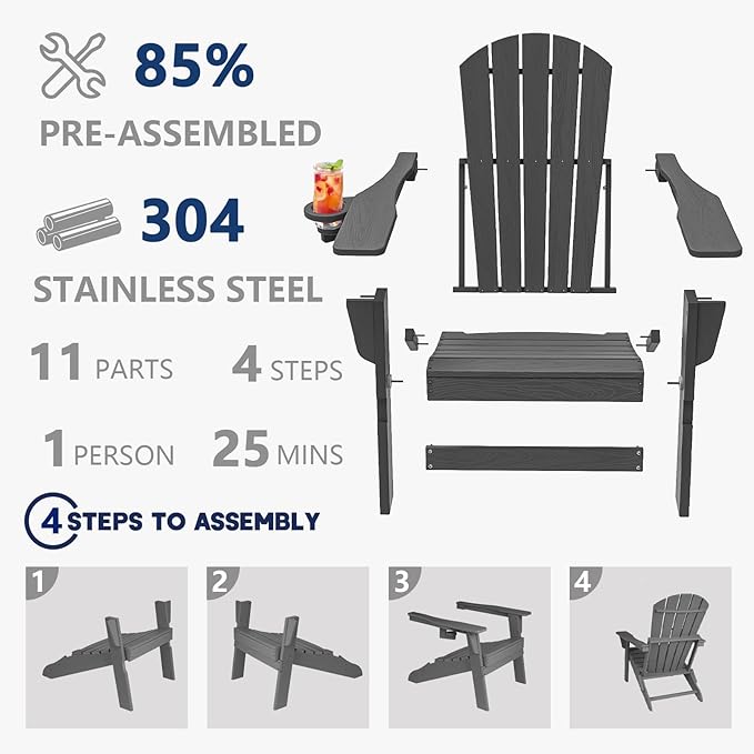 Folding Adirondack Chair, SGS Tested, Wooden Textured with Cup Holder, Heavy All-Weather HDPE Comfortable Set Poolside Backyard Lawn Grey Set 4