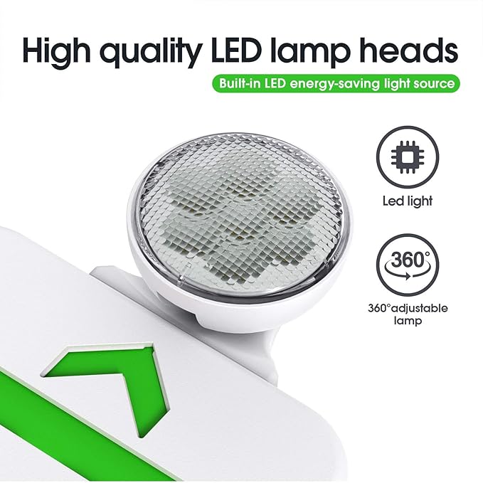 Green Led Exit Sign Emergency Light Combo Adjustable Two Head, Double Sided and Battery Backup Exit Light, Contractor Select, AC 120/277V (1 Pack)