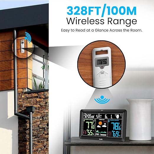 Weather Station Atomic Clock Indoor Outdoor Thermometer Wireless, Barometer Humidity Temperature Monitor Hygrometer with High Precision Sensor Black