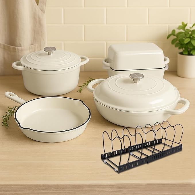 QuliMetal Enameled Cast Iron Cookware Set, 5-Piece – 2.3QT Dutch Oven, 4.7QT Braiser, 10" Skillet, 9x5" Oval Bread Pan & Rack – Versatile Oven-Safe Enamel Cast Iron Pots and Pans for Home Cooking