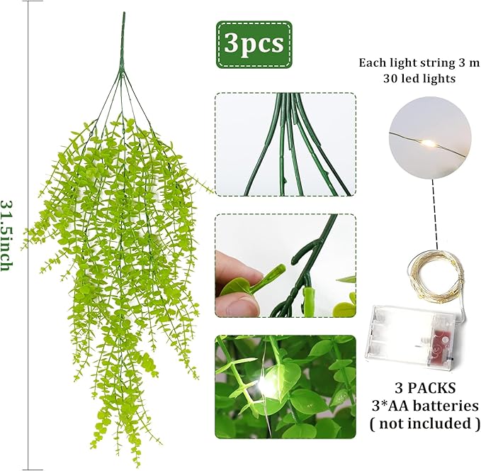 Artificial Hanging Plants Wall Decoration Faux Hanging Plants Indoor Fake Money Plants Hanging Plants Fake Plastic Plants for Indoor Bedroom Wall Home Garden Wedding Party Decorations(Light Green)