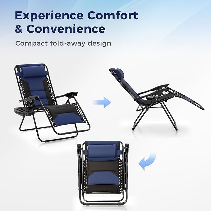 MAISON ARTS Oversized XXL Padded Zero Gravity Chair, Lawn Outdoor Lounge Chairs Set of 2, Foldable Recliners 28" Wide Seat Anti-Gravity for Patio Camping Poolside Yard, Support 400lbs, Blue & Black