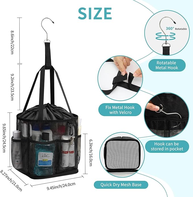Mesh Shower Caddy Portable for College Dorm Room Essentials, Shower Tote Bag with Hanging Hook and Drawstring, Quick Dry Toiletry Bag with 6 Pockets for Bathroom, Swimming, Gym, Camping, Beach, Travel
