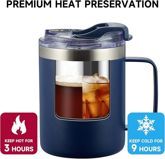 ALOUFEA 12oz Insulated Coffee Mug Cup with Handle, Stainless Steel Travel Coffee Mug with Flip Lid, Double Wall Vacuum Coffee Tumbler, Navy