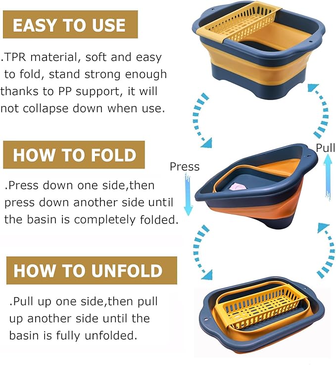 11L（2.91 Gallon） Collapsible Dish Basin with Drain Plug, Space Saving Outdoor Multiuse Foldable Sink Tub, Dishpan, Portable Kitchen Storage Tray for Vegetable Washing, Camping, RV (Yellow)