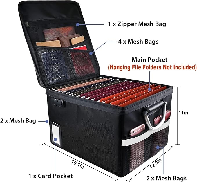 Fireproof Document Box, Fireproof Organizer Safe Box with Lock, Portable Office Storage Cabinet for Hanging Letter/Legal Folder 16.1 x 12.9 x 11in