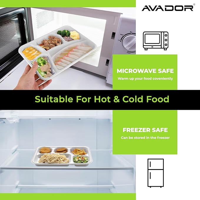 AVADOR® Compostable Tableware 100% Eco-Friendly & Biodegradable Dinnerware Eco-Conscious, Disposable, and 100% Biodegradable (5 Compartment Tray Pack of 125)