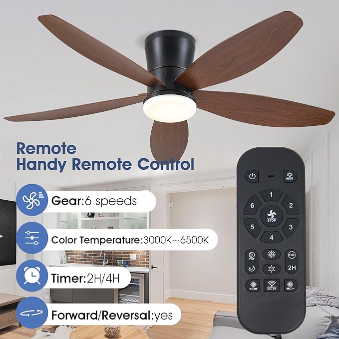 Ceiling Fans with Lights-48 Low Profile Ceiling Fan with Light and Remote/APP Control,Flush Mount,DC Reversible,LED Dimmable Modern Ceiling Fans for Bedroom,Indoor/Outdoor Patio Use(Brown)