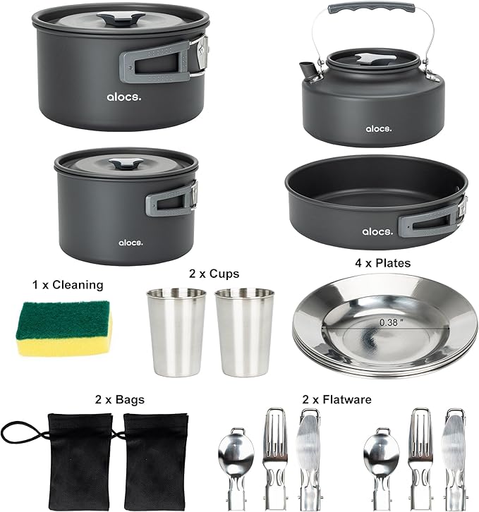 Alocs 17pcs Camping Cookware Set - Lightweight Camping Cookware Mess Kit for 2 - Portable Outdoor Cookware with Kettle - Camping Pots and Pans Set with Stainless Steel Cups Plates Forks Knives Spoons