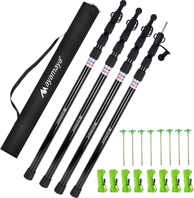 AYAMAYA Tarp Poles - Telescoping Camping Tent Poles Replacement, Upgraded 4-Section Heavy Duty Aluminum Rods with Stakes & Guylines for Tents, Rain Fly, Camping Shelter, Awning Canopy RV Car, Set of 4