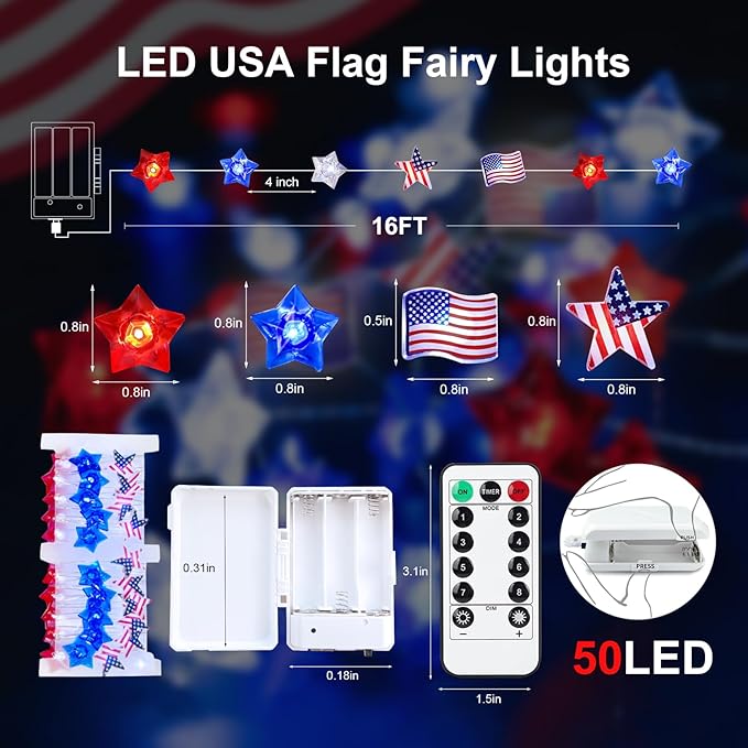 4th of July Decorations Lights, 16FT Red White Blue String Lights, 50LED Flag Stars Patriotic Light with Remote, USB & Battery Powered Fairy Light for Patriotic Memorial Day Independence Day Decor