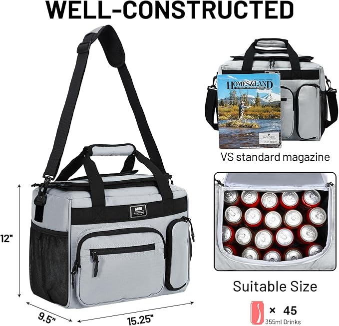 MIER 30L Extra Large Soft Cooler Bag with Bottle Opener for Camping Beach BBQ Grocery Golf Leakproof Picnic Lunch Bag, Collapsible, Top Flip Lid, 45Can (Grey)