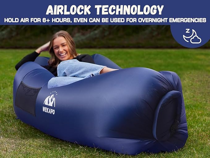 WEKAPO Inflatable Couch with Pump - Easiest Setup, Crazy Comfy & Ultralight - Blow up Lounger Chair Perfect for Hiking, Camping, Beach, Festivals - Lightweight Air Sofa for Relaxing Anywhere (Navy)